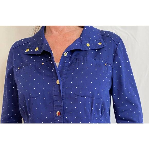 Chicos Size 2 Jacket - Blue and White polka dot shirt jacket with snap closures - Picture 2 of 4
